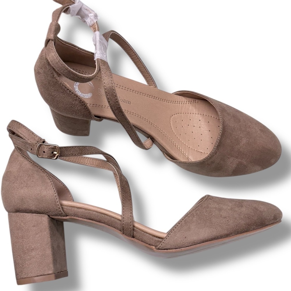 Journee Collection Foster Women's Sz 9 Taupe Suede Ankle Strap Block Heels